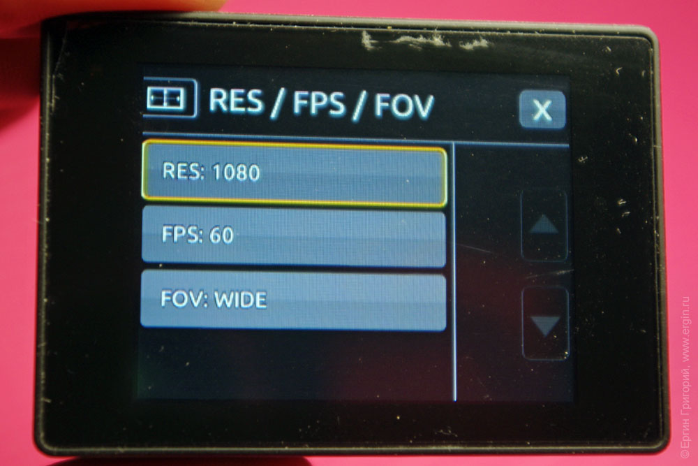 GoPro LCD Touch BacPac экранное меню выбора разрешения видеосъемки