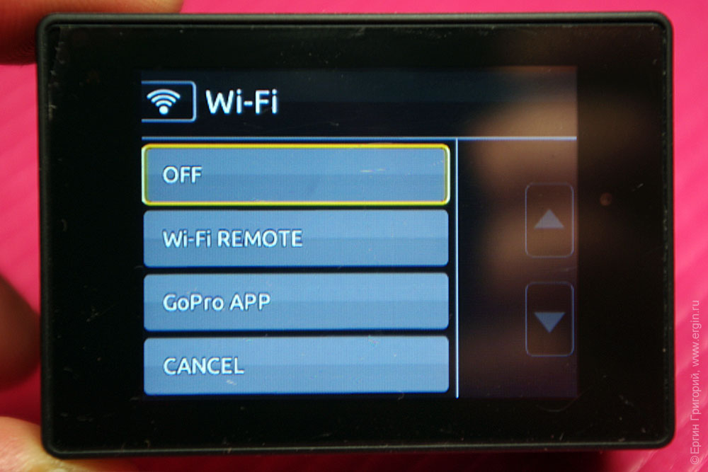 Выбор устройства подключения по Wi-Fi GoPro Hero 3