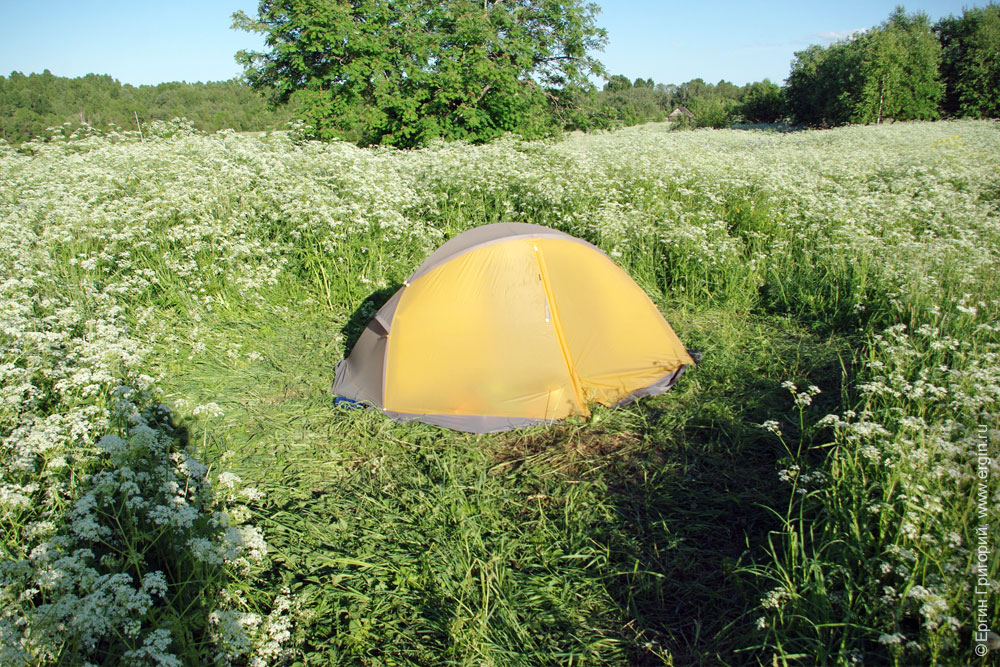 Протоптанное место для палатки в лагере каякеров в Тивдии