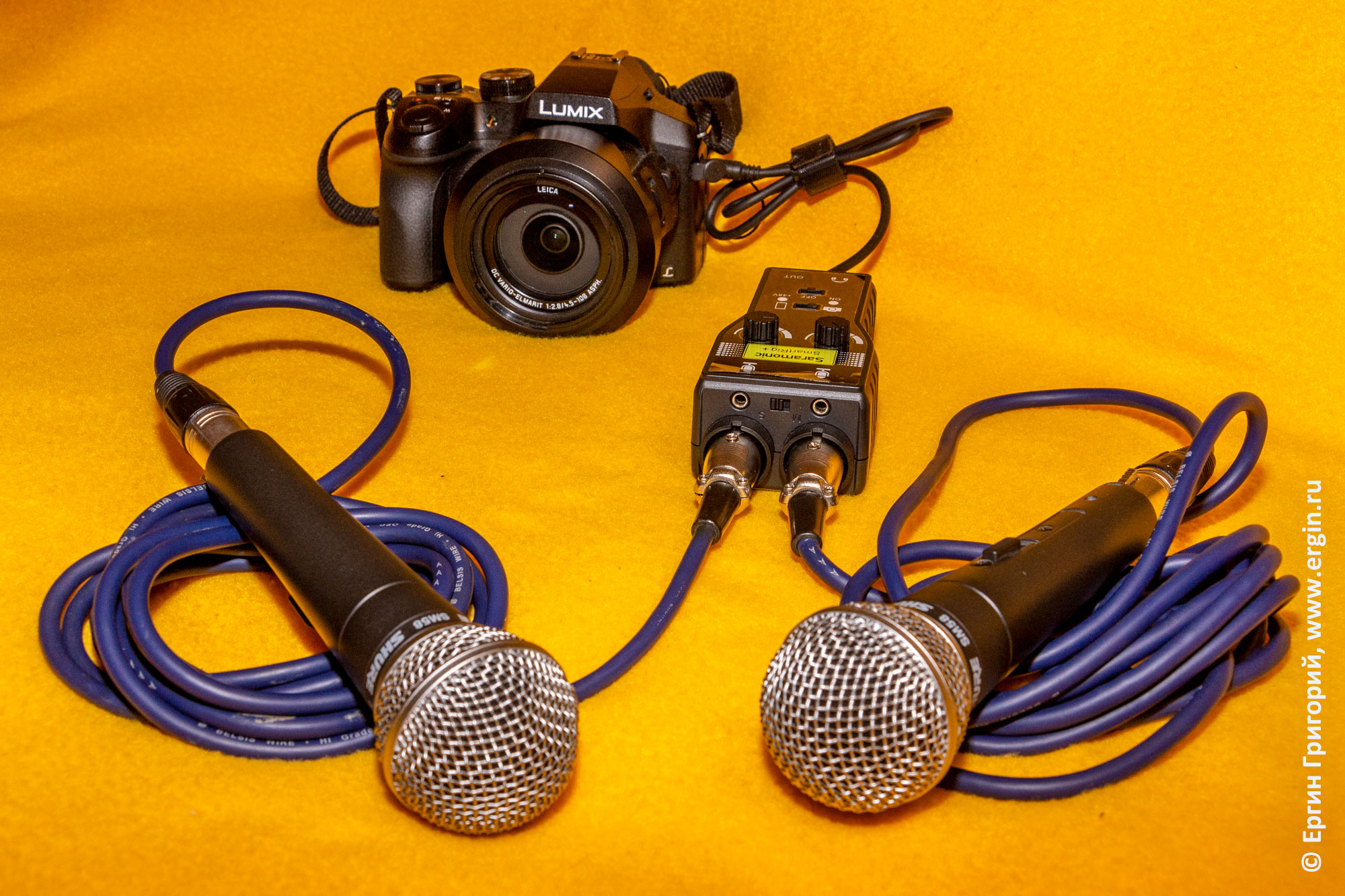 Подключение динамических вокальных микрофонов Shure SM58 к микрофонному входу фотоаппарата через микрофонный усилитель Saramonic-SmartRig+