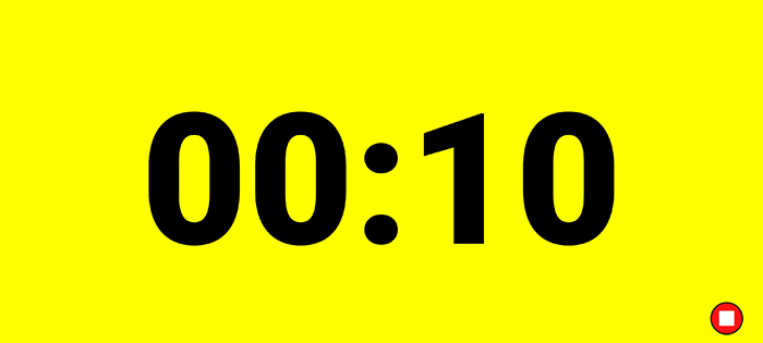 Желтый экран - завершающая часть отсчета попытки в программе Freestyle Kayaking Timer для соревнований по фристайлу на бурной воде