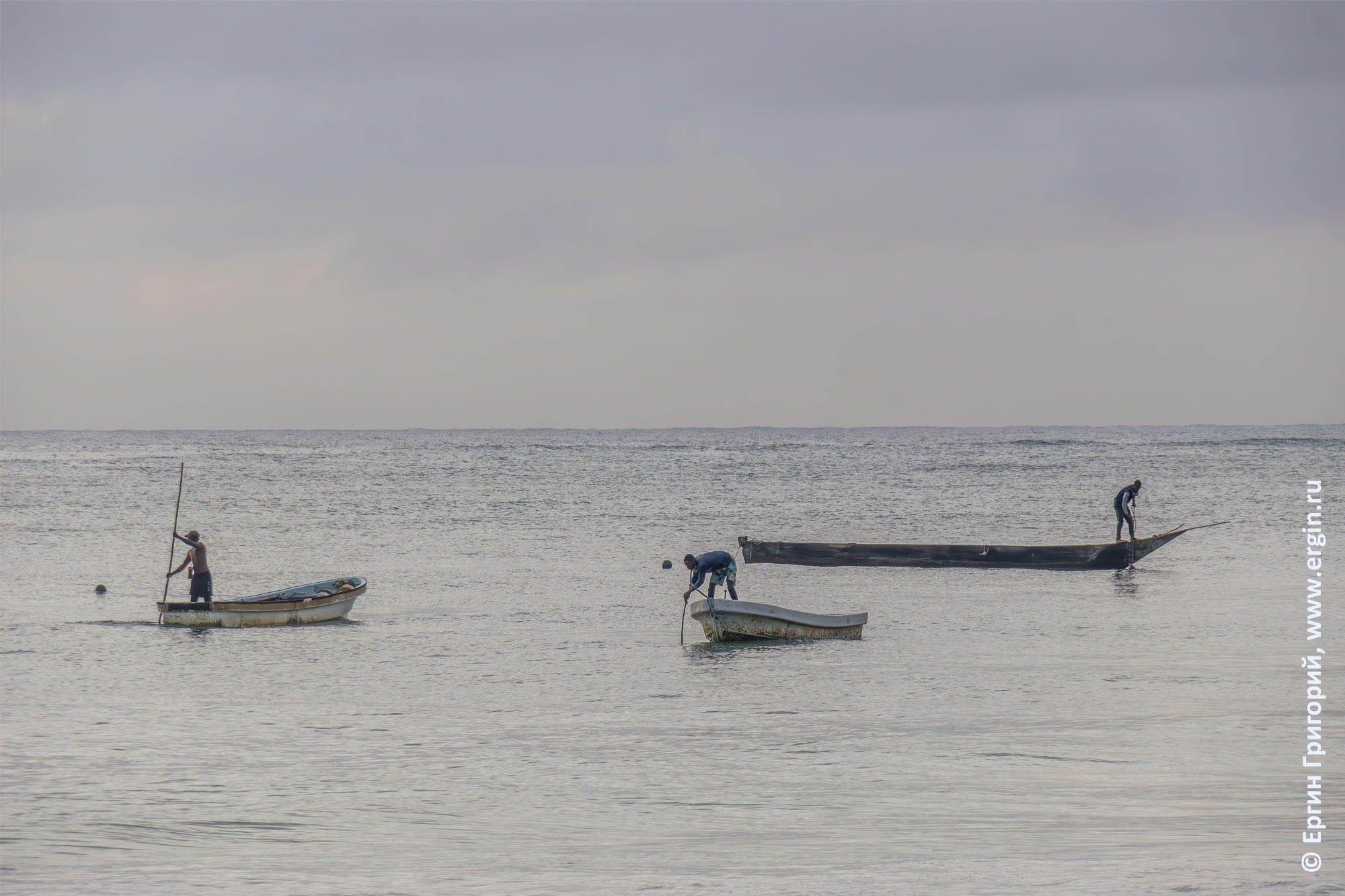 Рыбаки в Кении с утра гонят лодки к берегу, опираясь на шесты